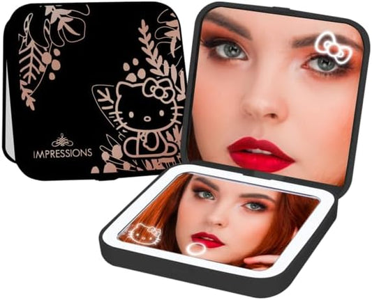 Impressions Vanity Hello Kitty Supercute Compact Mirror with Touch Sensor Switch for Adjustable Brightness, Lighted Makeup Mirror with LED Lights and 2X Magnifying Mirror Top (Black)