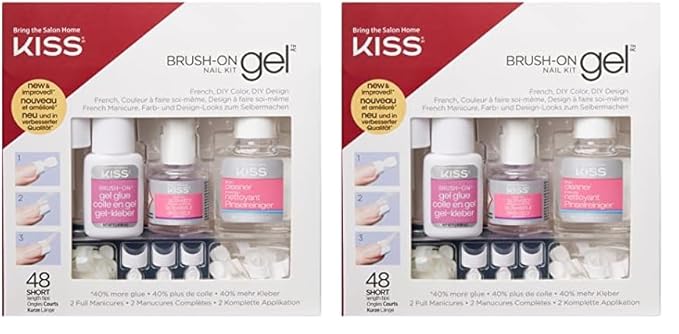 KISS Brush-On Gel Finish Fake Nail Kit French Manicure Set, 48 Short Length Square Shaped French & Natural Glue-On Nail Tips (Pack of 2)