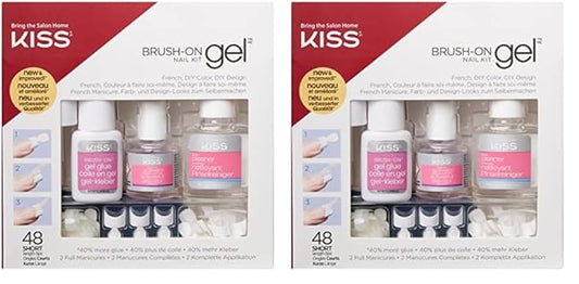 KISS Brush-On Gel Finish Fake Nail Kit French Manicure Set, 48 Short Length Square Shaped French & Natural Glue-On Nail Tips (Pack of 2)