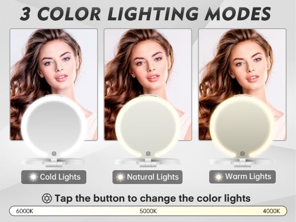 FUNTOUCH Magnifying Mirror with Light, 1X/10X Double Sided Rechargeable Makeup Mirror with 3 Color Setting, Foldable Portable Travel Essential Vanity Mirror with Bundle Pocket