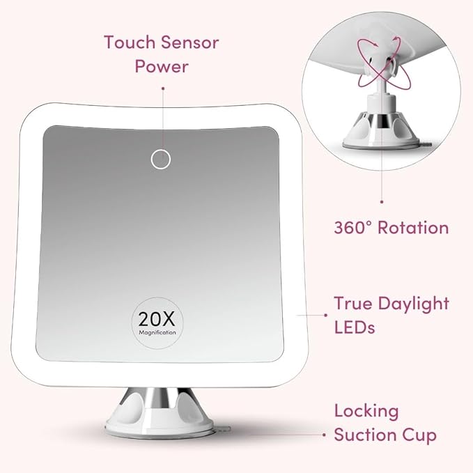 Fancii 20x Magnifying Makeup Mirror with LED Lights, Rechargeable, High Zoom | 7-inch Large Lighted Travel Mirror for Vanity and Bathroom, Dimmable, 3 Light Settings, Strong Suction, 360° Rotation