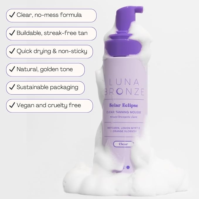 Solar Eclipse Clear Self Tan Mousse | Mess Free Natural Self Tanning Foam, No Streaks | Hydrating Formula Enriched with Aloe Vera & Natural DHA | Vegan & Cruelty Free (200ml/6.7 fl. oz)
