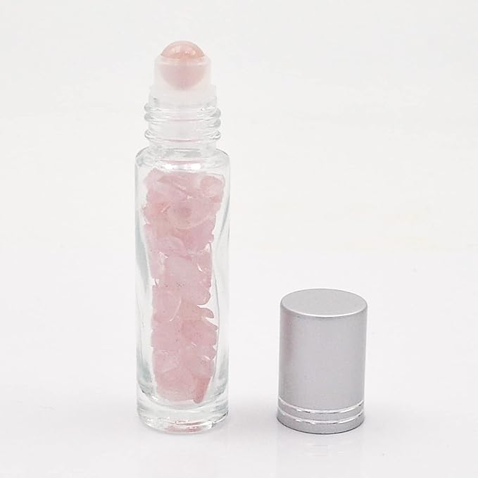 Essential Oil Roller Bottle 10ml w EVA Carrying Travel Case（Clear Glass Bottle with silver Cap、10pack、Gemstone Roller Balls、Healing Crystal Chips Inside、Opener)Gemstone Roller Ball Bottles