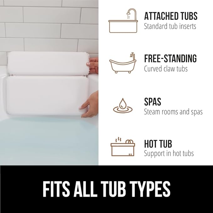 GORILLA GRIP Bath Pillow for Tub, Improved Suction Cup Bathtub Pillows, Headrest for Neck and Back Support, Relaxing Home Spa, Hot Tubs and Bathroom Essentials, Gifts for Mom, White