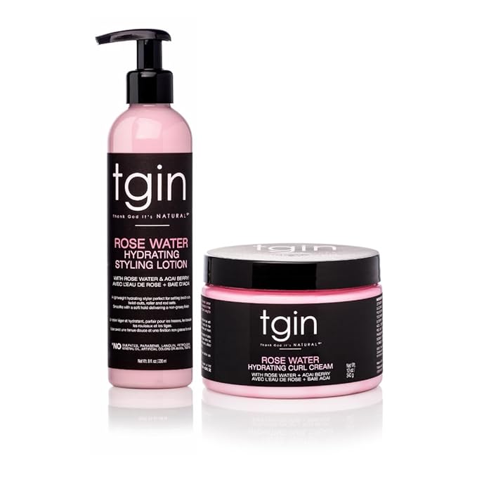 tgin Rose Water Hydrating Curl Cream 12 oz & tgin Rose Water Hydrating Styling Lotion 8 oz, for Curly, Coily and Wavy Hair, (Set)