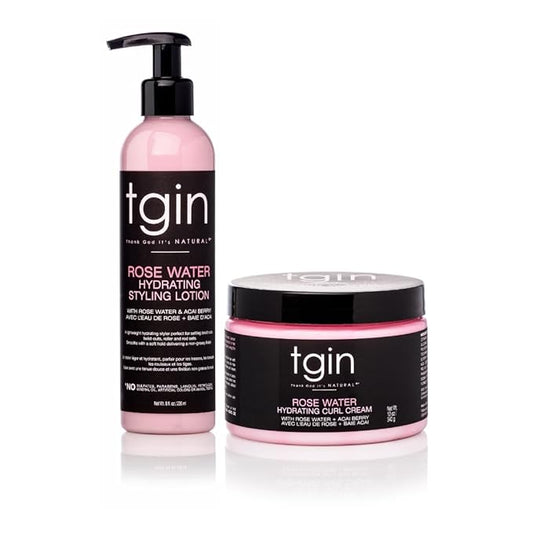 tgin Rose Water Hydrating Curl Cream 12 oz & tgin Rose Water Hydrating Styling Lotion 8 oz, for Curly, Coily and Wavy Hair, (Set)