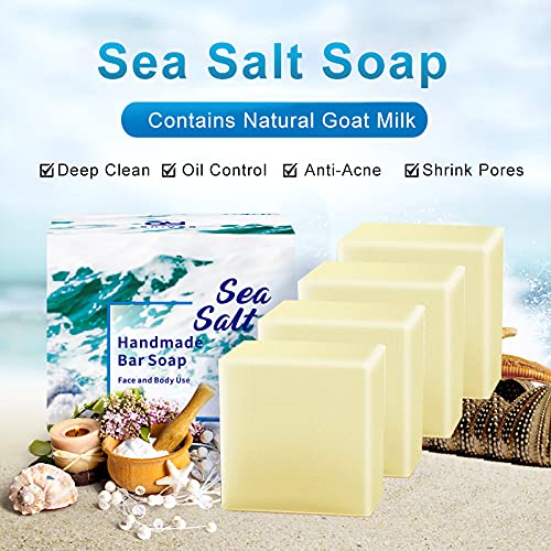 4 PC- ONIYEA Sea Salt Handmade Bar Soap 3.5 Oz Each, Natural Goat's Milk, All Skin Types, Exfoliating Acne Deeply Clean Problem Skin, Body/Face/Hand Wash Skincare, Women Men Birthday Mother Valentine