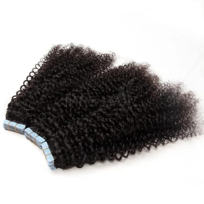 Kinky Curly Tape in Hair Extensions for Black Women Human Hair Afro Curly Tape in Hair Extensions Double Sided Skin Weft Kinky Curly Tape ins 16Inch Natural Color 50g 20pcs/Sets 40-60pcs for Full Head