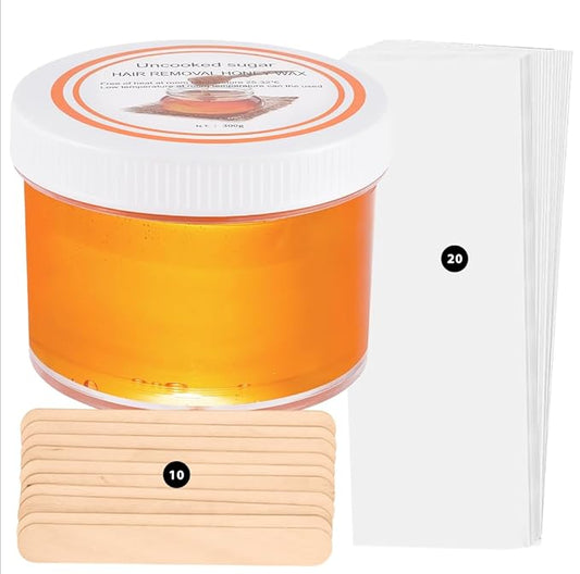 Sugar Wax Kit for Hair Removal: 300g Body Organic Sugaring Paste for Personal Home Use and Professional Salon Use - with 20pcs Wax Strips and 10pcs Sticks
