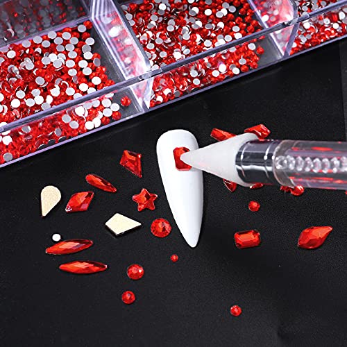 3100Pcs Nail Crystal Rhinestones Kit, Mix Shapes AB Glass, 3D Diamonds Flatback Crystals, with a Drill Pen, Nail Crystal Non Hotfix, Nail Art Decoration(Red)