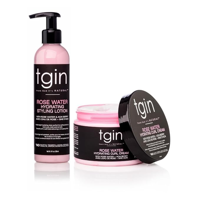 tgin Rose Water Hydrating Curl Cream 12 oz & tgin Rose Water Hydrating Styling Lotion 8 oz, for Curly, Coily and Wavy Hair, (Set)