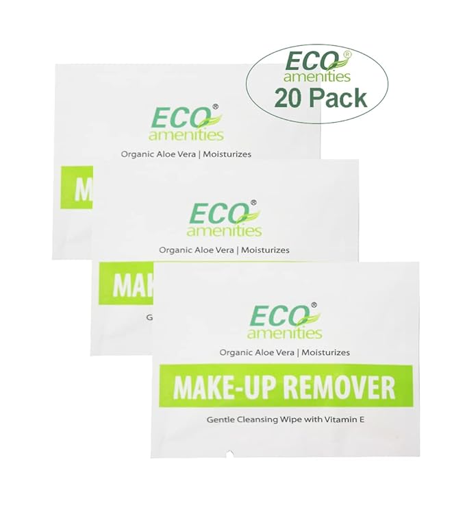 ECO Amenities 20 Count Makeup Remover Wipes with Aloe Vera and Vitamin E Individually Wrapped Facial Towelettes Skin Cleansing Wipes