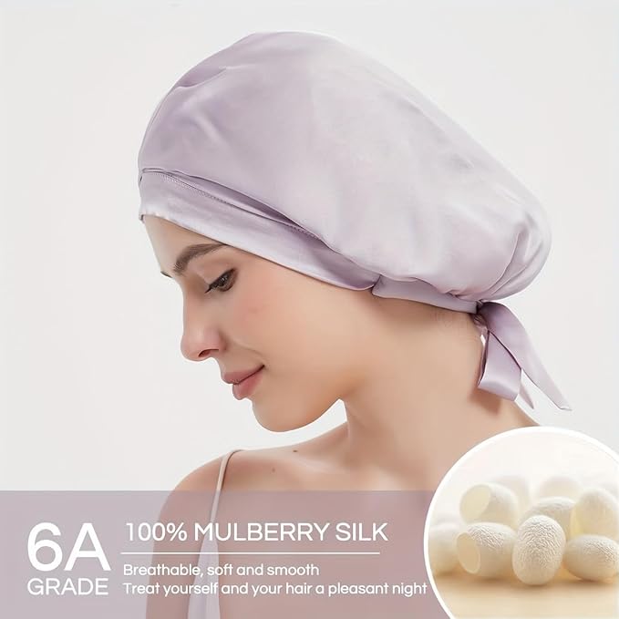 RachelSilk 100% Mulberry Silk Sleep Cap, Grade 6A 19 Momme Silk for Women Hair Care, Silk Night Bonnet with Elastic Stay On Head, Silk Cap after Shower, for Small -Medium Head Size (Lavender)