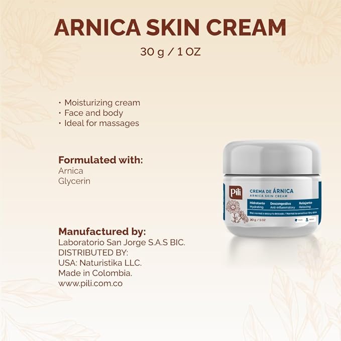 Pili Natural Arnica Cream - Restore Smooth Silky Skin - Crema de Arnica - Pack of 3 (Pack 3 x 1 oz each)