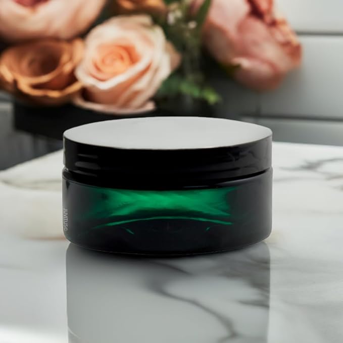 JUVITUS (12 Pack) 8 oz Green PET Plastic Low Profile Jar with Black Smooth Lid