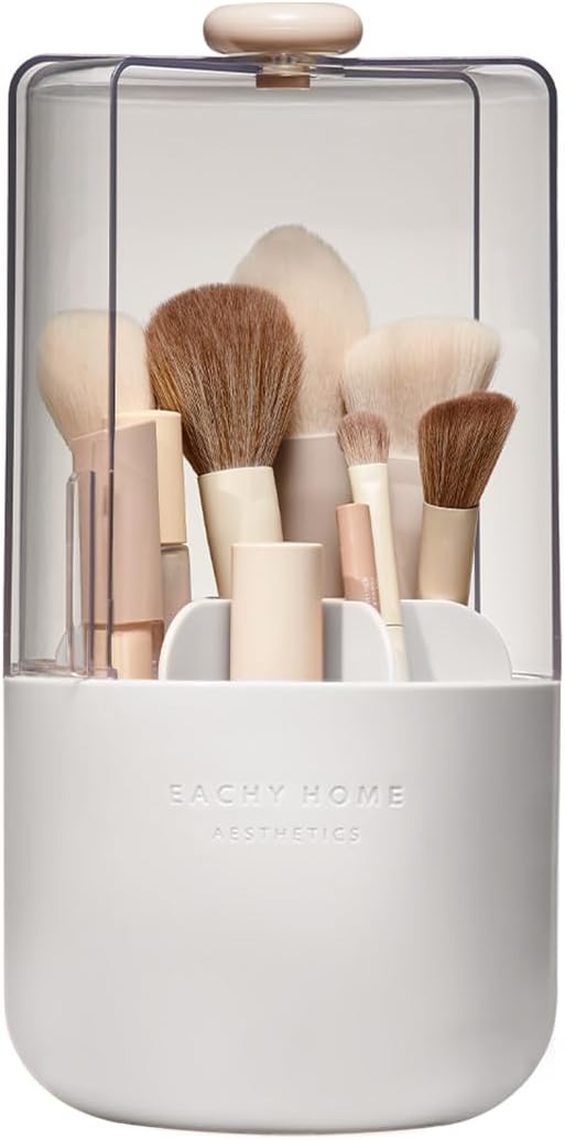 EACHY Makeup Brush Holder 360° Rotating with Dustproof Lid, Waterproof Material, 7 Compartments for Organized Storage, Stylish and Durable Design for Vanity or Bathroom (White)