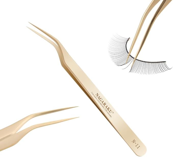 NAGARAKU Tweezers for Eyelash Extensions Curved Lash Tweezers Precision Pinzas Professional Easy Fanning Stainless Steel Precise Long Tip Pointy Make Fans for Lashes Isolation (N-11)