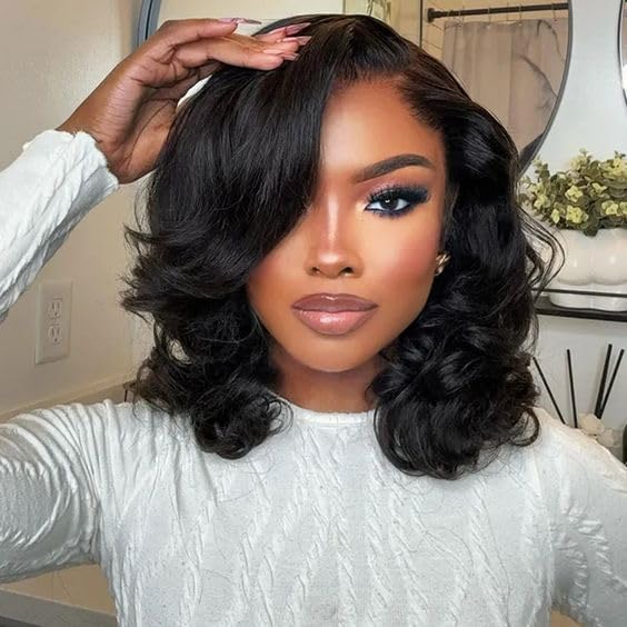 13x4 HD Lace Front Wigs Human Hair 16 Inch Glueless Human Hair Pre Plucked 180 Density Short Body Wave Lace Frontal Wigs Human Hair for Black Women Supre Soft Natural Black Color
