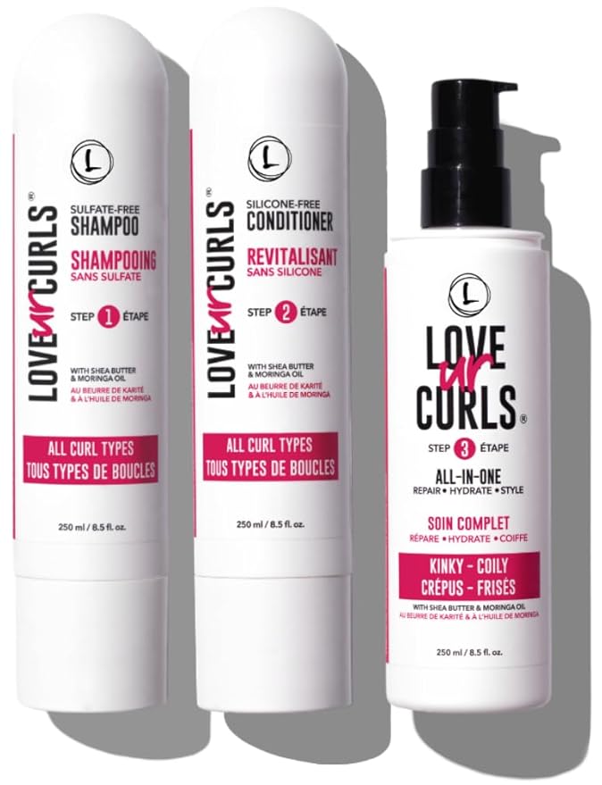 Love Ur Curls - Shampoo & Conditioner Set with All in One Curl Cream Styler for Kinky & Coily Hair, 3 Step System for Repair and Moisturizing