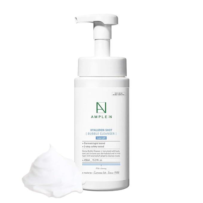 CORÉANA AMPLE:N Hyaluron Shot Bubble Cleanser – Korean Moisturizing Foaming Facial Cleanser with Hyaluronic Acid - Bubble Face Wash to Control Sebum - Oil Excretion and Refine Texture, 15.2 fl.oz.