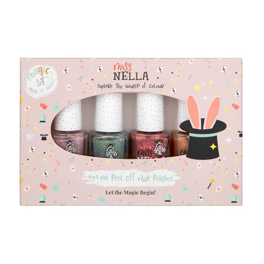 Miss Nella MAGIC COLLECTION Glitter Nail Polish set of 4: pink, red, gold & blue silver Peel- Off nail varnish for toddlers