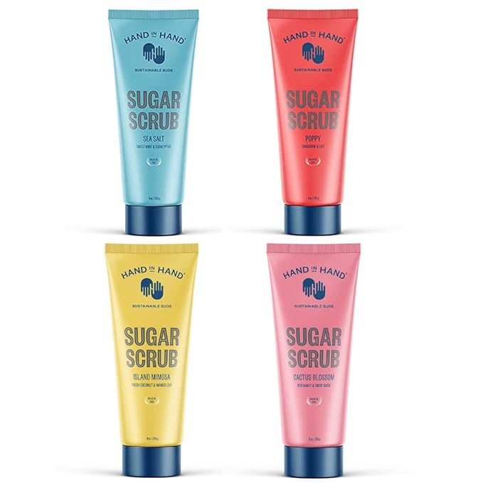 Hand in Hand Sugar Scrub Bundle, Gentle Exfoliation For All Skin Types, Sea Salt, Poppy, Island Mimosa and Cactus Blossom Scent (9 oz. 4 Pack)