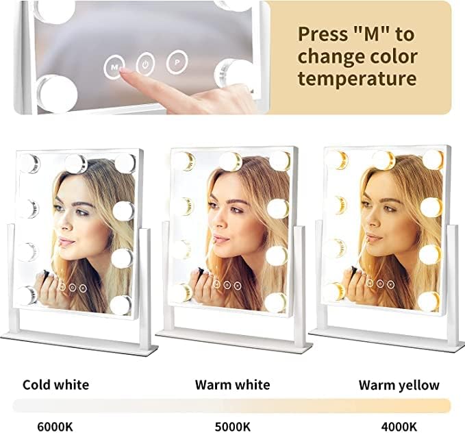 Vanity Mirror with Lights，Hollywood Lighted Makeup Mirror with 3 Color Modes and 9 Dimmable Diamond LED Light Bulbs Detachable 10X Magnification 360° Rotation Touch Control