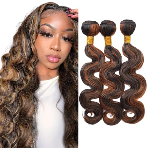 Ombre Human Hair Bundles P1B/30 Body Wave Bundles Two Tone Black Mixed With Light Brown Bundles Highlight Bundles Brazilian Human Hair Weave Wet and Wavy for Black Women 24 26 28 Inch
