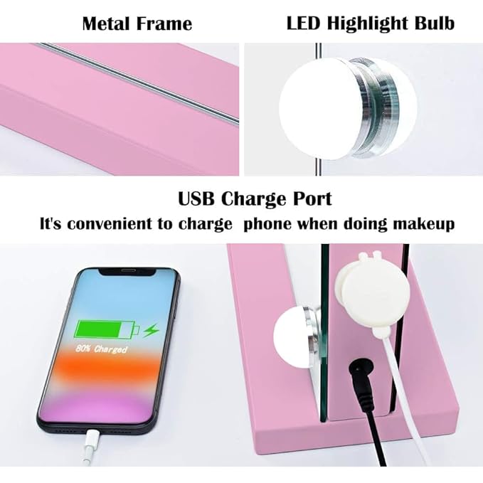 22.8"x 18.1" Vanity Mirror Makeup Mirror with Lights,10X Large Hollywood Lighted Vanity Mirror with 15 Dimmable LED Bulbs,3 Color Modes,Touch Control for Bedroom,Tabletop or Wall-Mounted