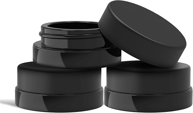 (90 Pack) 7ml Low Profile Thick Black Glass Jars with Black Lids - Airtight Containers for Oil, Lip Balm, Wax, Cosmetics