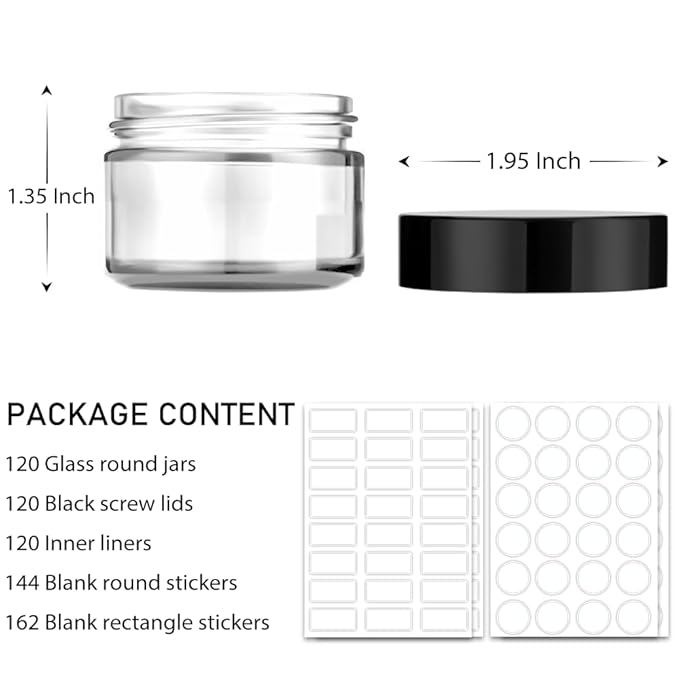 1 oz Round Clear Glass Jars, Bumobum 120 pack Cream Jars with Black Lids, Black and White Labels & Inner Liners, Empty Cosmetic Containers for Cream, Lotion