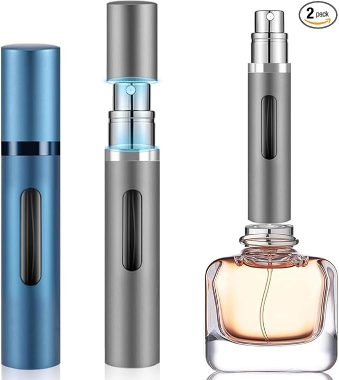8ml Perfume Atomizer Travel Refillable,Mini Cologne Dispenser, Bottom-Filling Fragrances Perfumes Bottle,Portable Sprayer Pocket Size for Women Men Cruise Car Trip Gift 2pcs (Grey-Blue)
