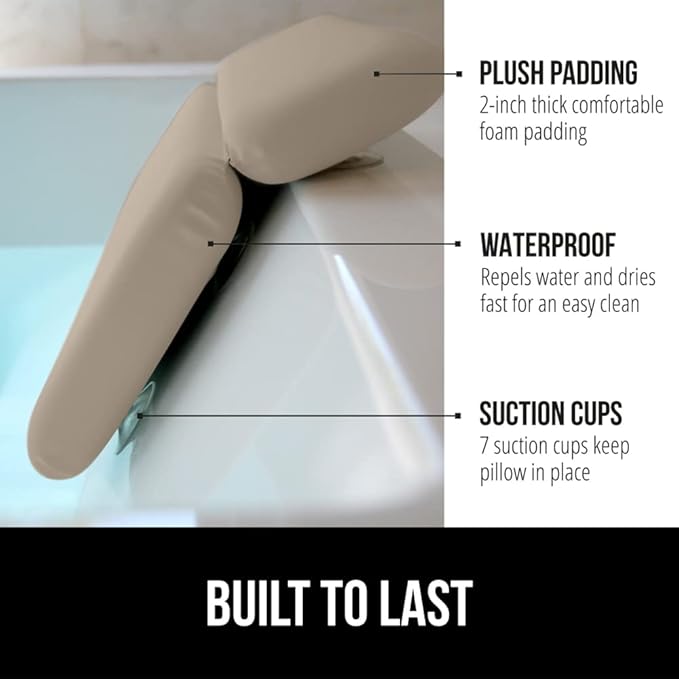 GORILLA GRIP Bath Pillow for Tub, Improved Suction Cups, Luxury Bathtub Pillows, Headrest for Neck and Back Support, Relaxing Home Spa, Hot Tubs and Bathroom Essentials, Gifts for Women, 2 Panel Beige
