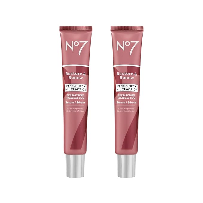No7 Restore & Renew Face & Neck Multi-Action Serum - Collagen Peptide Anti-Aging Facial Treatment - Hyaluronic Acid Hydrating + Pro Retinol Skin Firming Hibiscus Peptides (2 Pack, 1.69 Fl Oz Each)