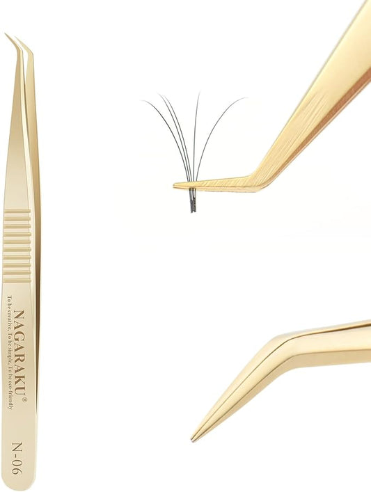 NAGARAKU Gold Tweezers for Eyelash Extensions Curved Angled Volume Cluster Super Light Weight Easy Fanning Tweezers Stainless Steel Precision (N-06)