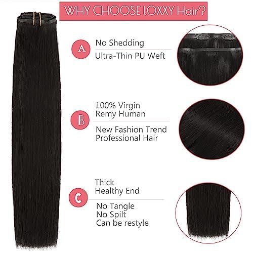 Loxxy Seamless Clip in Hair Extensions Real Human Hair Natural Black Extensions Hair Clip in Skin Weft 7Pcs 110G Invisible Seamless Extensions Clip in Human Hair For Women 20Inch #1B