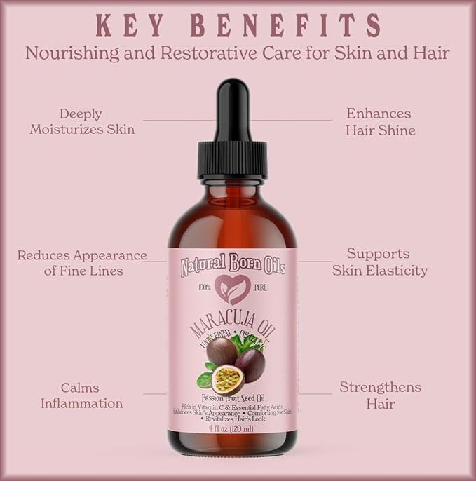 Natural Born Oils 4oz Maracuja (Passion Fruit Seed) Oil, 100% Pure and Natural, Organic, Cold-pressed, Unrefined, Rejuvenating, Includes Pump & Dropper