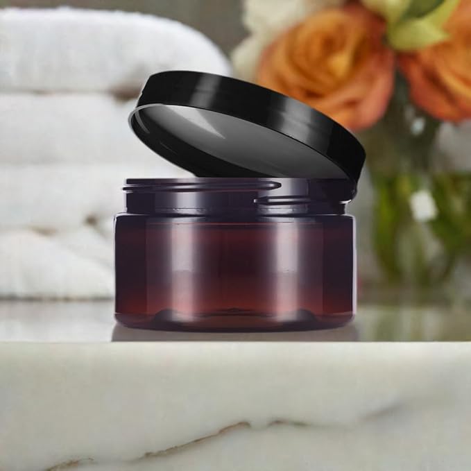 8 oz Amber PET Plastic Refillable Low Profile Jar Black Smooth Lid (12 pack)