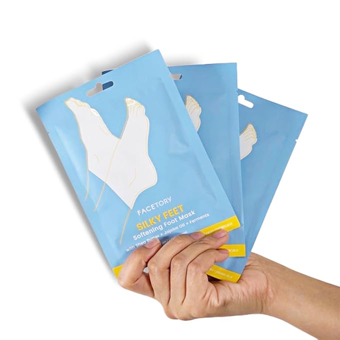 FACETORY Silky Feet Softening Foot Mask with Shea Butter, Jojoba Oil, and Ferments - Exfoliating and Moisturizing Foot Care Mask for Dry and Cracked Feet, Moisture-Locking Socks - 6 Booties