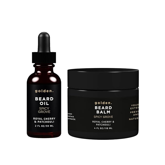 Golden Grooming Beard Oil & Balm Bundle for Men | Natural Growth Kit with Shea Butter | 4oz Balm & 2oz Oil | Spicy Grove