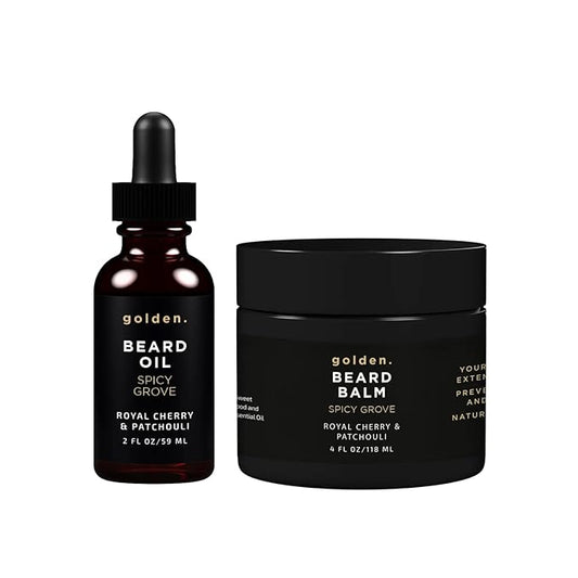 Golden Grooming Beard Oil & Balm Bundle for Men | Natural Growth Kit with Shea Butter | 4oz Balm & 2oz Oil | Spicy Grove