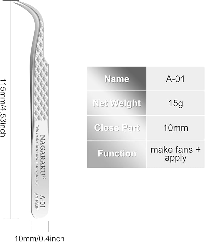 NAGARAKU Eyelash Extension Tweezers Diamond Grip with Pattern on tip Precision Durable Curved Professional for Classic Lash Fanning Volume (A-01)