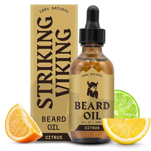 Striking Viking Beard Oil for Men - 2 Fl Oz, Citrus Scent - Naturally Derived Conditioner with Almond, Tea Tree, Argan & Jojoba Oil for Beard Growth, Softening & Moisturizing