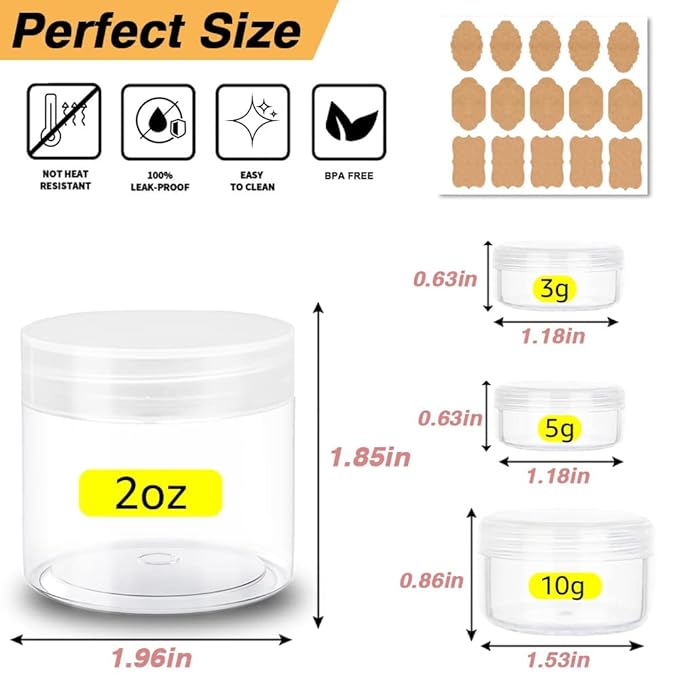 2 oz Plastic Containers with Lids 100pcs Plastic Jars with Clear Lids + 3/5/10 Gram 24pcs Sample Containers Travel Jar– Great for Lip Scrub, Body Butters, Cream, Lotion, Labels & Spatulas (124 Pack)