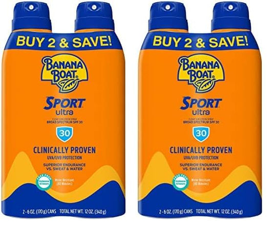 Banana Boat Sport Ultra SPF 30 Sunscreen Spray Twin Pack | Banana Boat Sunscreen Spray SPF 30, Spray On Sunscreen, Water Resistant Sunscreen, Oxybenzone Free Sunscreen Pack, 6oz each (Pack of 2)