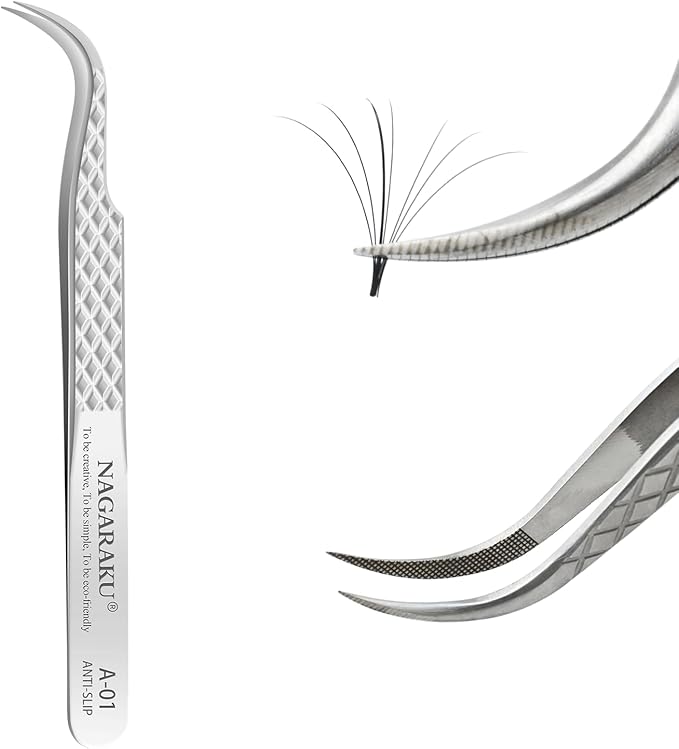 NAGARAKU Eyelash Extension Tweezers Diamond Grip with Pattern on tip Precision Durable Curved Professional for Classic Lash Fanning Volume (A-01)
