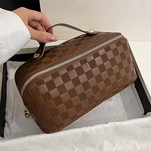 Cessfle Large Capacity Travel Cosmetic Bag Plaid Checkered Makeup Bag Portable Leather Waterproof Skincare Bag with Handle and Divider for Women, 01-Brown