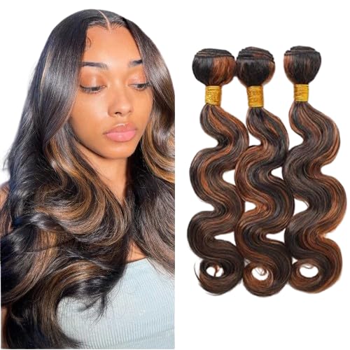 Highlight Human Hair P1B/30 Body Wave Bundles Two Tone Black Mixed With Light Brown Body Wave Brazilian Human Hair Weave Wet and Wavy for Black Women 22 24 26 Inch