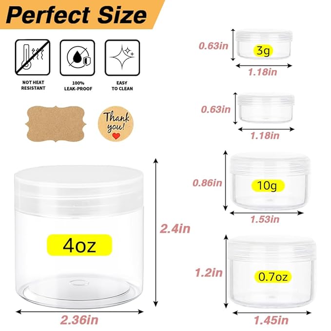 4 oz Plastic Containers with Lids 105pcs Plastic Jars with Clear Lids + 3/5/10/20 Gram 20pcs Sample Containers Travel Jar– Great for Lip Scrub, Body Butters, Cream, Slime, Craft Storage