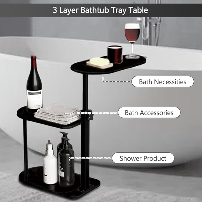3 Layer Bathtub Tray Table,Bamboo Swivel Bathtub Side Table Height Adjustable,Freestanding Bathtub Tray for Tub Against Wall,Bathtub Accessories&Bathroom Organizer for Luxury Home Spa-Black